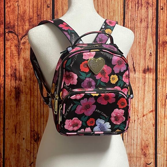 Betsey Johnson black & bright floral mini backpack faux leather adjustable - Picture 2 of 9